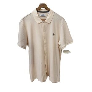 Original Penguin Button Up Polo Large‎ Cream Textured Ribbed Short Sleeve Shirt